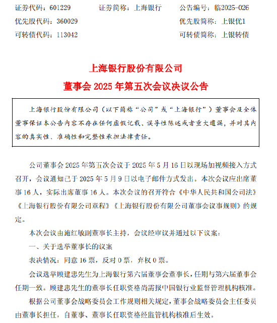 上海银行：选举顾建忠为第六届董事会董事长